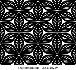 Seamless Pattern - Six Leaves (Black, White) - Repeating Vector Image; Easily Editable; Endless Design; Colorful lIlustration. Print for Gift Paper, Packaging, etc.
