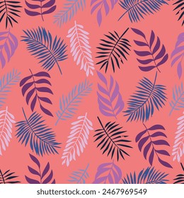 Seamless pattern of six type of leave on a pink-red background. Presented through the random placement of leave, alternating leaf type.This format is suitable for printing on fabric, textile and paper