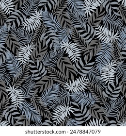 Seamless pattern of six type of leaves on a dark solid background. Presented through the close positioning of leaves together as one wall. This format is suitable for printing on fabric and textiles.