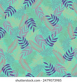 Seamless pattern of six type of leaves on a bright green background. Presented through the close positioning of leaves together as one wall. This format is suitable for printing on fabric and textiles