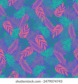 Seamless pattern of six type of leaves on a dark purple background. Presented through the close positioning of leaves together as one wall. This format is suitable for printing on fabric and textiles.