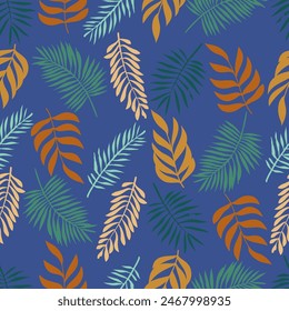 Seamless pattern of six types of leaves on a blue background. Presented through the random placement of leaves, alternating leaf type. This format is suitable for printing on fabric, textile and paper