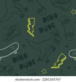 Seamless pattern with skate, lightning, t-rex .  Background for textile, fabric, stationery, clothes, accessories and other designs.