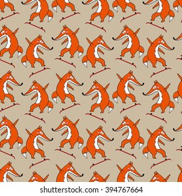 Seamless pattern skateboard characters set. Stylish fox. Vector illustration. Little Fox riding on skateboard.