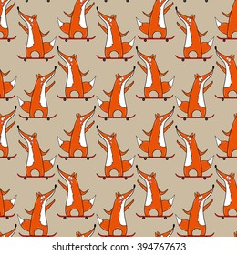Seamless pattern skateboard characters set. Stylish fox. Vector illustration. Little Fox riding on skateboard.