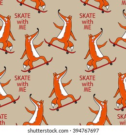 Seamless pattern skateboard characters set. Stylish fox. Vector illustration. Little Fox riding on skateboard.