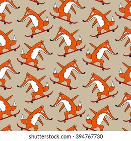Seamless pattern skateboard characters set. Stylish fox. Vector illustration. Little Fox riding on skateboard.