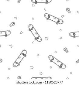 Seamless pattern skateboard doodles hand drawn Line icons with stars on white Background.printing wallpaper.vector illustration