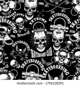 Seamless pattern with skateboard emblems in monochrome style. Design element for poster, card, banner. Vector illustration