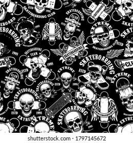 Seamless pattern with skateboard emblems in monochrome style. Design element for poster, card, banner. Vector illustration