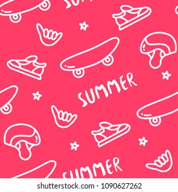 Seamless pattern with skateboard, helmet, sneakers, hand and text on red background. Ornament for textile and wrapping. Vector.
