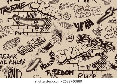Padrão sem costura Skate no fundo grunge da parede de tijolos, ornamento tipográfico. Ornamento de letras de adolescente. Grafite repetir impressão para esporte têxtil, papel de embrulho.