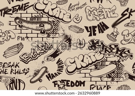 Seamless pattern Skateboard on brick wall grunge background, typography ornament. Teenager lettering ornament. Graffiti repeat print for sport textile, wrapping paper.