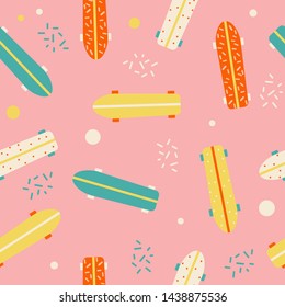 Seamless pattern with skateboard on pink background. Kids print retro style. Vector hand drawn illustration.