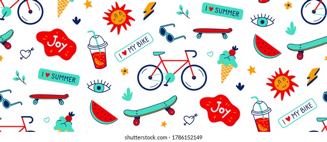 Seamless pattern with skateboard, penny board, bike, sunglasses and ice cream. Vector elements of summer fun and sports. Texture for gift paper, wallpaper, fabric, textile, cover. Using clipping mask.