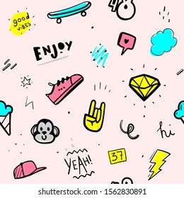 Seamless pattern with skateboard, sneaker, diamond, monkey, etc. Background with hand drawn elements. Vector illustration in cartoon style for hoodie or t shirt print. Graphic texture.