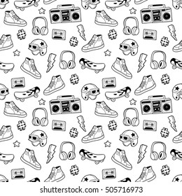 Seamless pattern with skateboard, sneakers, headphones, tape recorder, etc. Vector background with fashion patches, stickers in cartoon 80s-90s comic style. Can be used in coloring book for adults.