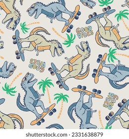 Seamless pattern of a skateboarding cartoon dinosaur and palm tree elements.