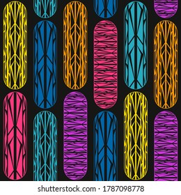 Seamless pattern with skateboards design. Color print on black background