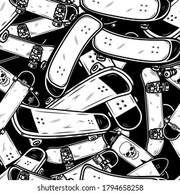 Seamless pattern with skateboards elements in monochrome style. Design element for poster, card, banner. Vector illustration