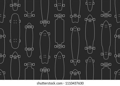 Seamless pattern with skateboards, outline style. isolated on black background