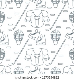 Seamless pattern with skates, goalkeeper mask, hockey stick, ice hockey puck, hockey shoulder pads. Winter sports background. Hockey equipment. Games, hobbies, entertainment.