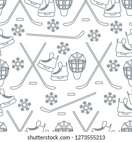 Seamless pattern with skates, goalkeeper mask, hockey stick, ice hockey puck, snowflakes. Winter sports background. Hockey equipment. Games, hobbies, entertainment.