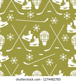 Seamless pattern with skates, goalkeeper mask, hockey stick, ice hockey puck, snowflakes. Winter sports background. Hockey equipment. Games, hobbies, entertainment.