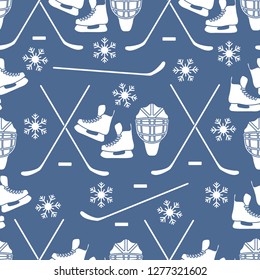 Seamless pattern with skates, goalkeeper mask, hockey stick, ice hockey puck, snowflakes. Winter sports background. Hockey equipment. Games, hobbies, entertainment.