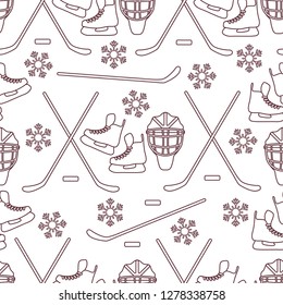 Seamless pattern with skates, goalkeeper mask, hockey stick, ice hockey puck, snowflakes. Winter sports background. Hockey equipment. Games, hobbies, entertainment.