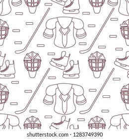 Seamless pattern with skates, goalkeeper mask, hockey stick, ice hockey puck, hockey shoulder pads. Winter sports background. Hockey equipment. Games, hobbies, entertainment.