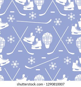 Seamless pattern with skates, goalkeeper mask, hockey stick, ice hockey puck, snowflakes. Winter sports background. Hockey equipment. Games, hobbies, entertainment.