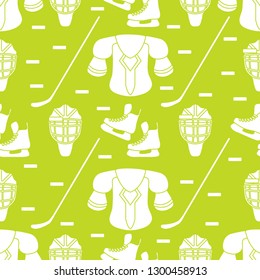 Seamless pattern with skates, goalkeeper mask, hockey stick, ice hockey puck, hockey shoulder pads. Winter sports background. Hockey equipment. Games, hobbies, entertainment.