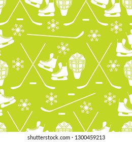 Seamless pattern with skates, goalkeeper mask, hockey stick, ice hockey puck, snowflakes. Winter sports background. Hockey equipment. Games, hobbies, entertainment.