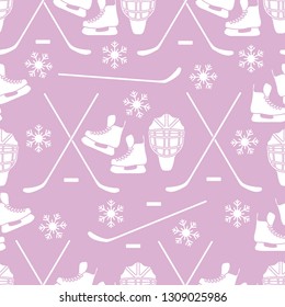 Seamless pattern with skates, goalkeeper mask, hockey stick, ice hockey puck, snowflakes. Winter sports background. Hockey equipment. Games, hobbies, entertainment.