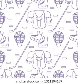 Seamless pattern with skates, goalkeeper mask, hockey stick, ice hockey puck, hockey shoulder pads. Winter sports background. Hockey equipment. Games, hobbies, entertainment.