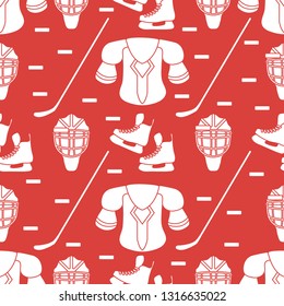Seamless pattern with skates, goalkeeper mask, hockey stick, ice hockey puck, hockey shoulder pads. Winter sports background. Hockey equipment. Games, hobbies, entertainment.