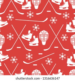 Seamless pattern with skates, goalkeeper mask, hockey stick, ice hockey puck, snowflakes. Winter sports background. Hockey equipment. Games, hobbies, entertainment.