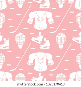 Seamless pattern with skates, goalkeeper mask, hockey stick, ice hockey puck, hockey shoulder pads. Winter sports background. Hockey equipment. Games, hobbies, entertainment.