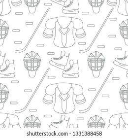 Seamless pattern with skates, goalkeeper mask, hockey stick, ice hockey puck, hockey shoulder pads. Winter sports background. Hockey equipment. Games, hobbies, entertainment.