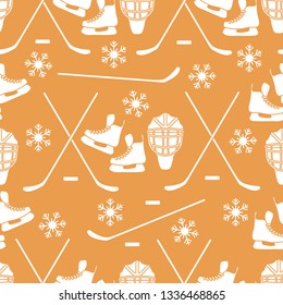 Seamless pattern with skates, goalkeeper mask, hockey stick, ice hockey puck, snowflakes. Winter sports background. Hockey equipment. Games, hobbies, entertainment.