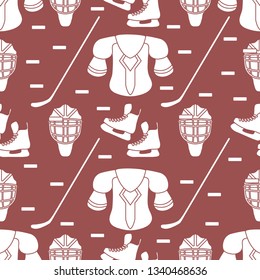 Seamless pattern with skates, goalkeeper mask, hockey stick, ice hockey puck, hockey shoulder pads. Winter sports background. Hockey equipment. Games, hobbies, entertainment.
