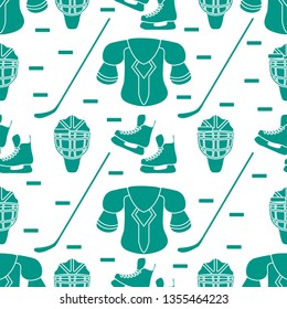 Seamless pattern with skates, goalkeeper mask, hockey stick, ice hockey puck, hockey shoulder pads. Winter sports background. Hockey equipment. Games, hobbies, entertainment.