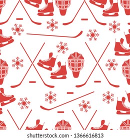 Seamless pattern with skates, goalkeeper mask, hockey stick, ice hockey puck, snowflakes. Winter sports background. Hockey equipment. Games, hobbies, entertainment.