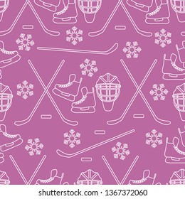 Seamless pattern with skates, goalkeeper mask, hockey stick, ice hockey puck, snowflakes. Winter sports background. Hockey equipment. Games, hobbies, entertainment.