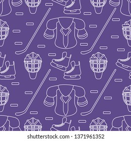 Seamless pattern with skates, goalkeeper mask, hockey stick, ice hockey puck, hockey shoulder pads. Winter sports background. Hockey equipment. Games, hobbies, entertainment.