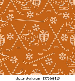 Seamless pattern with skates, goalkeeper mask, hockey stick, ice hockey puck, snowflakes. Winter sports background. Hockey equipment. Games, hobbies, entertainment.