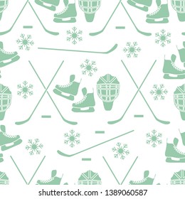 Seamless pattern with skates, goalkeeper mask, hockey stick, ice hockey puck, snowflakes. Winter sports background. Hockey equipment. Games, hobbies, entertainment.