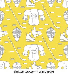 Seamless pattern with skates, goalkeeper mask, hockey stick, ice hockey puck, hockey shoulder pads. Winter sports background. Hockey equipment. Games, hobbies Illuminating and Ultimate Gray.