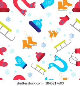 seamless pattern with skates, sleds and winter clothing items